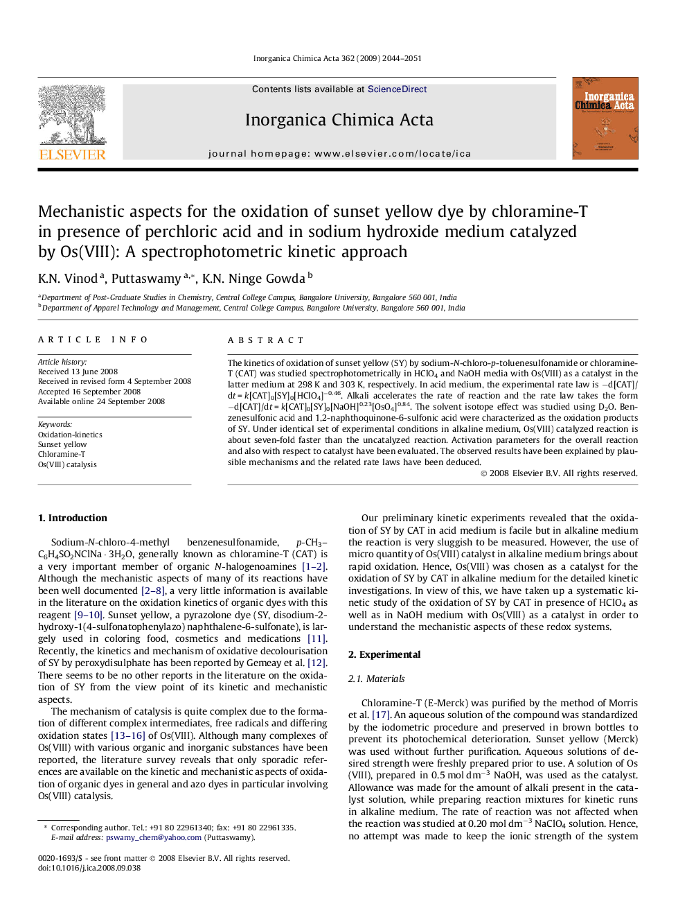 Mechanistic aspects for the oxidation of sunset yellow dye by chloramine-T in presence of perchloric acid and in sodium hydroxide medium catalyzed by Os(VIII): A spectrophotometric kinetic approach