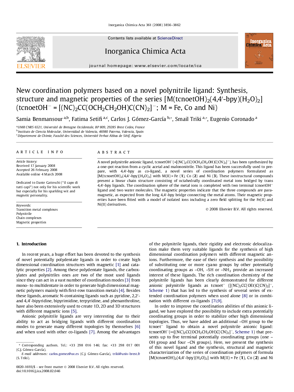 New coordination polymers based on a novel polynitrile ligand: Synthesis, structure and magnetic properties of the series [M(tcnoetOH)2(4,4′-bpy)(H2O)2] (tcnoetOH− = [(NC)2CC(OCH2CH2OH)C(CN)2]−; M = Fe, Co and Ni)