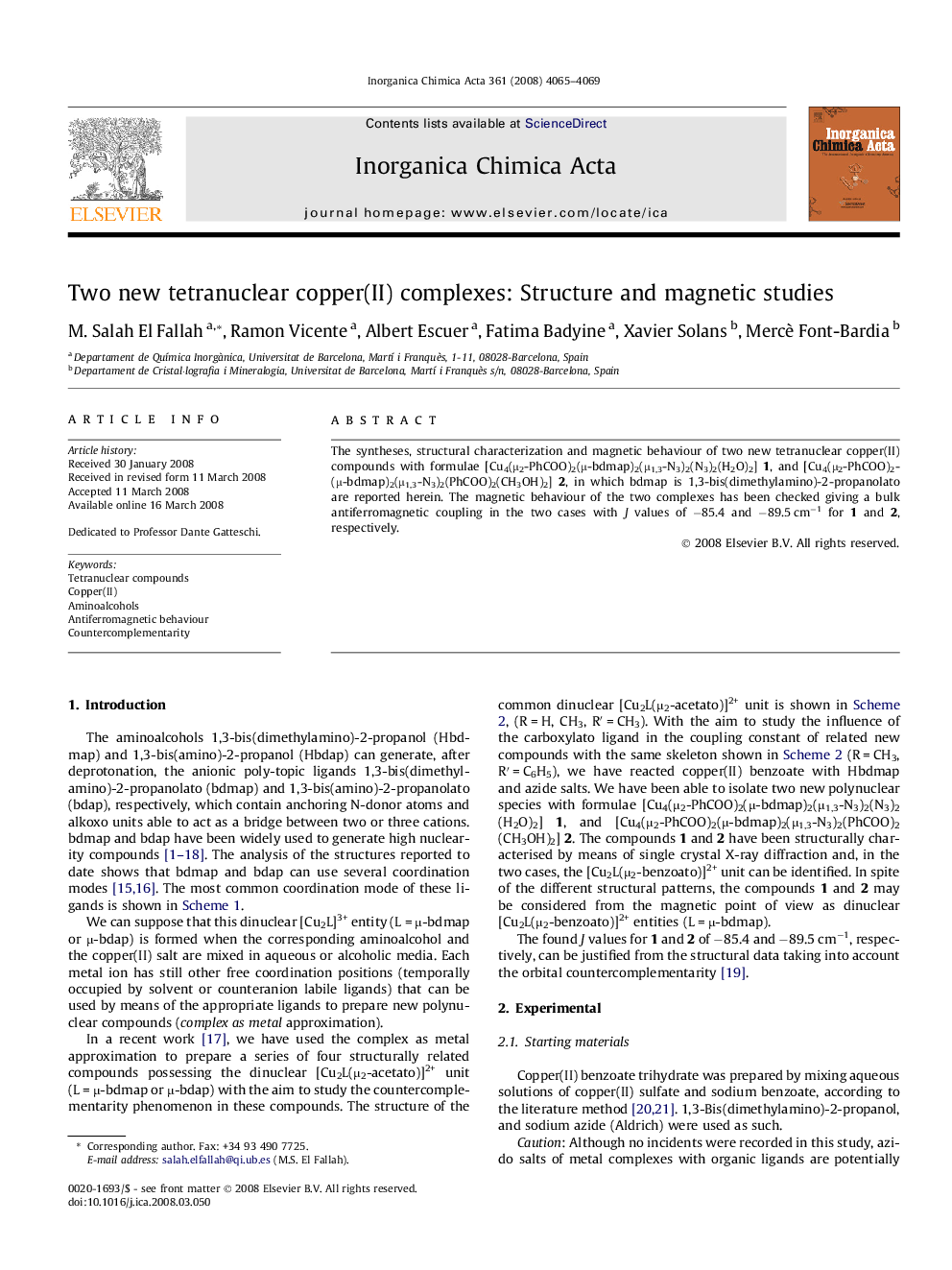 عکس صفحه اول مقاله: Two new tetranuclear copper(II) complexes: Structure and magnetic studies Two new tetranuclear copper(II) complexes: Structure and magnetic studies