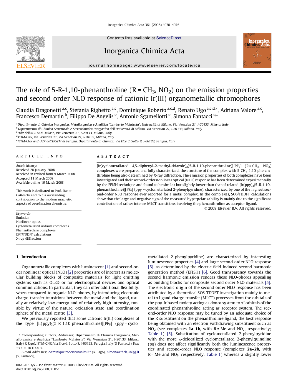 The role of 5-R-1,10-phenanthroline (RÂ =Â CH3, NO2) on the emission properties and second-order NLO response of cationic Ir(III) organometallic chromophores