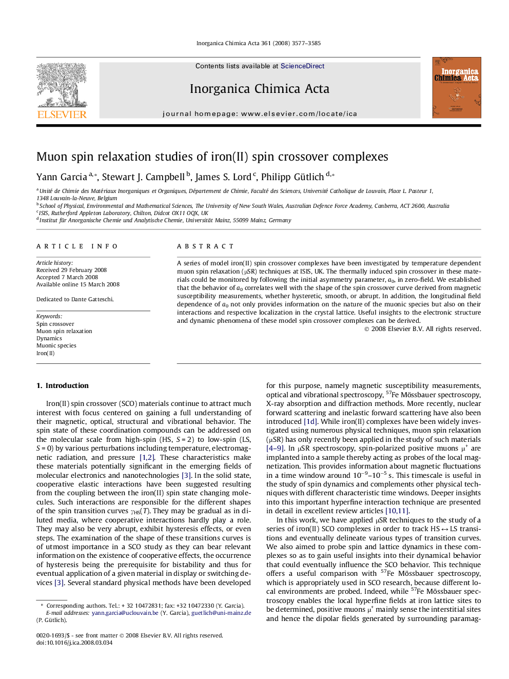 عکس صفحه اول مقاله: Muon spin relaxation studies of iron(II) spin crossover complexes Muon spin relaxation studies of iron(II) spin crossover complexes