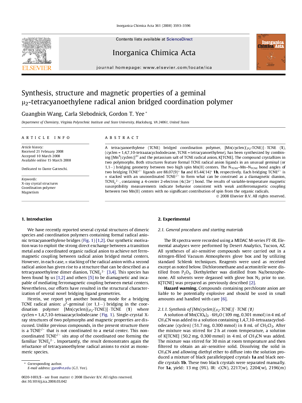 عکس صفحه اول مقاله: Synthesis, structure and magnetic properties of a geminal μ2-tetracyanoethylene radical anion bridged coordination polymer Synthesis, structure and magnetic properties of a geminal μ2-tetracyanoethylene radical anion bridged coordination polymer