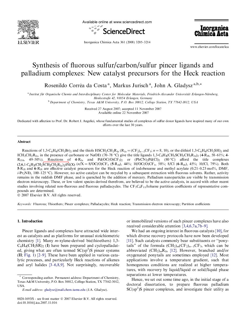 Synthesis of fluorous sulfur/carbon/sulfur pincer ligands and palladium complexes: New catalyst precursors for the Heck reaction