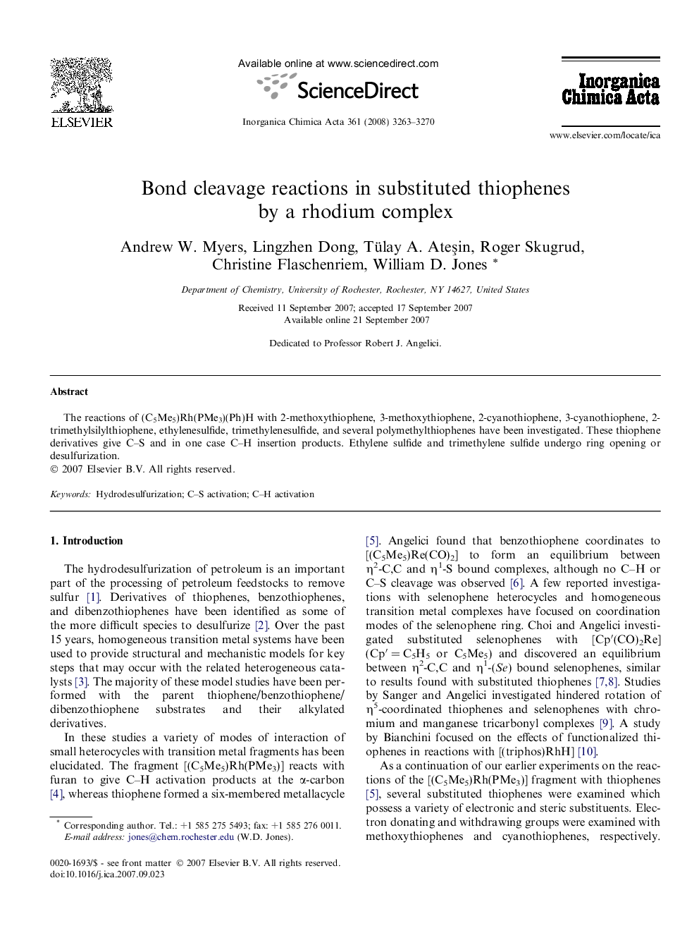 Bond cleavage reactions in substituted thiophenes by a rhodium complex