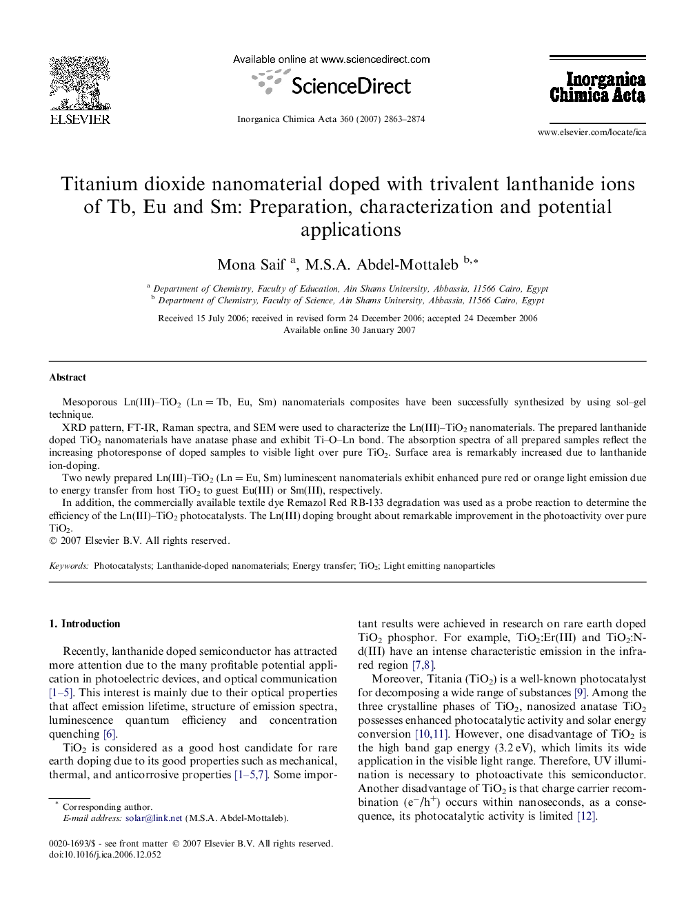 عکس صفحه اول مقاله: Titanium dioxide nanomaterial doped with trivalent lanthanide ions of Tb, Eu and Sm: Preparation, characterization and potential applications Titanium dioxide nanomaterial doped with trivalent lanthanide ions of Tb, Eu and Sm: Preparation, characterization and potential applications