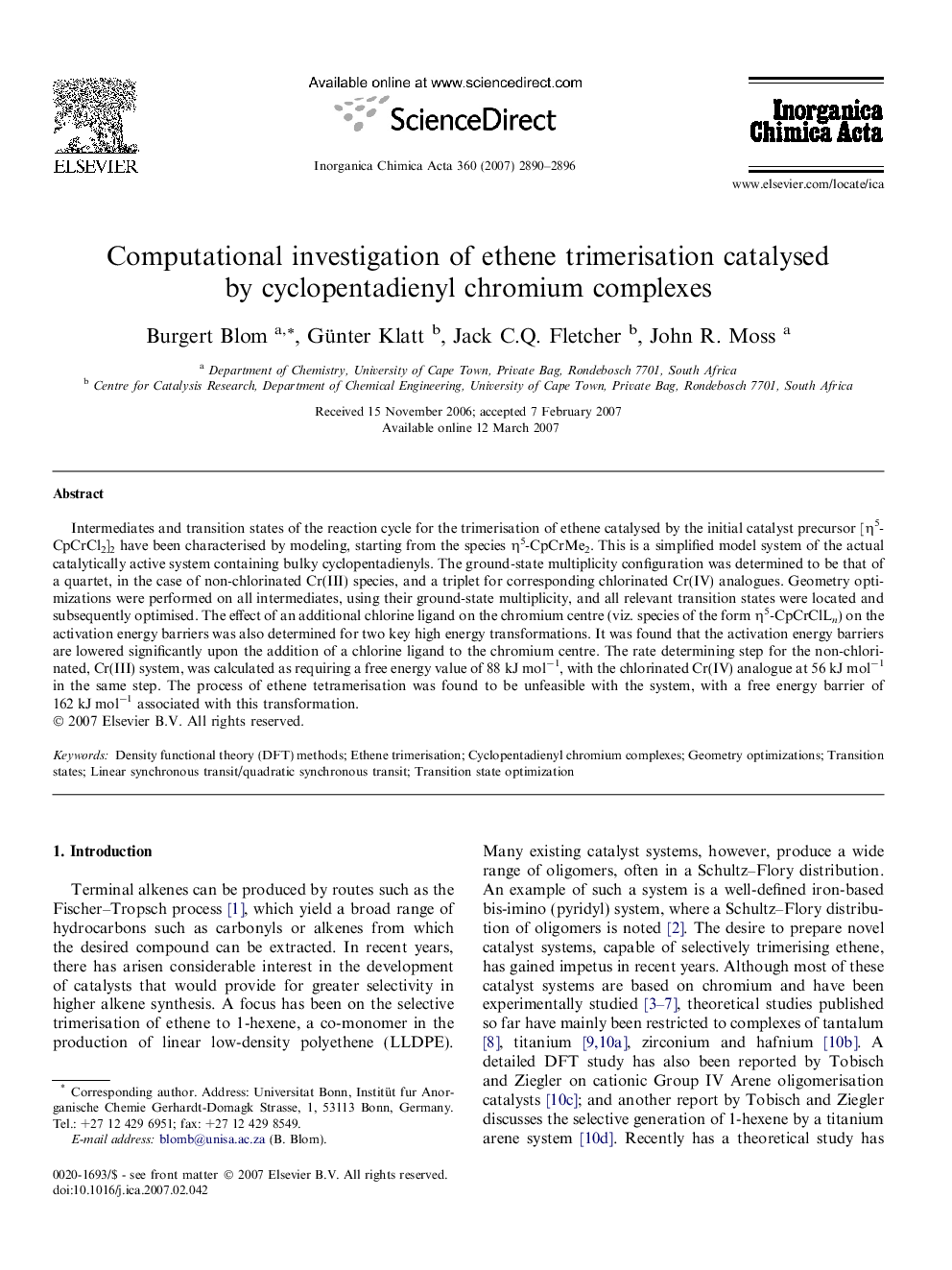 Computational investigation of ethene trimerisation catalysed by cyclopentadienyl chromium complexes