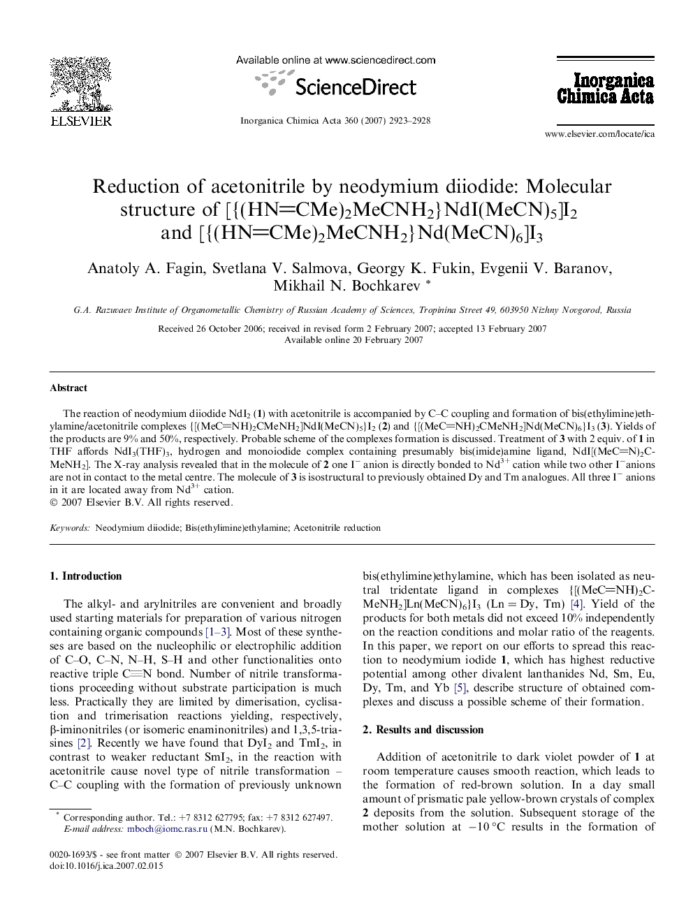 Reduction of acetonitrile by neodymium diiodide: Molecular structure of [{(HNCMe)2MeCNH2}NdI(MeCN)5]I2 and [{(HNCMe)2MeCNH2}Nd(MeCN)6]I3