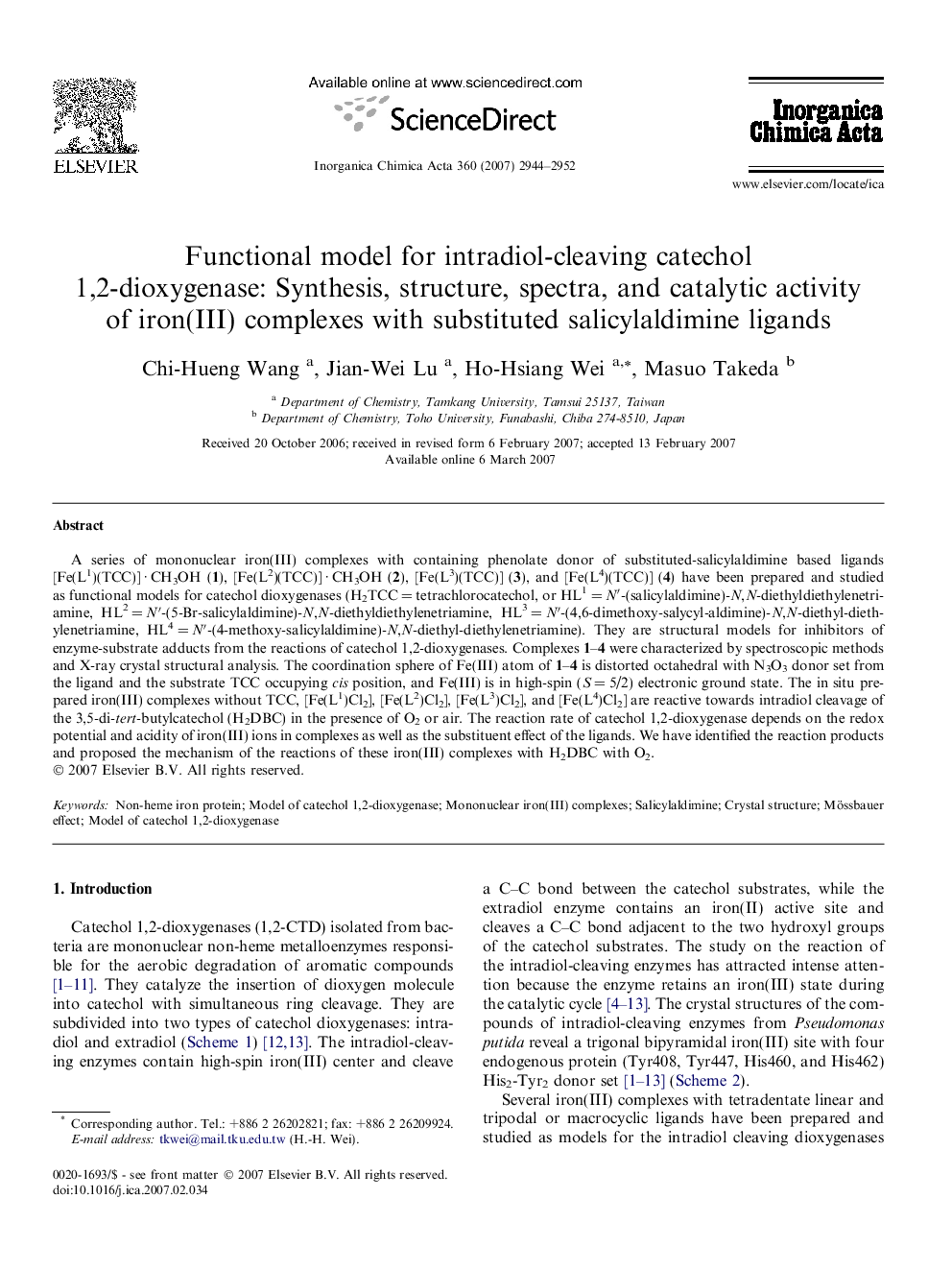 Functional model for intradiol-cleaving catechol 1,2-dioxygenase: Synthesis, structure, spectra, and catalytic activity of iron(III) complexes with substituted salicylaldimine ligands