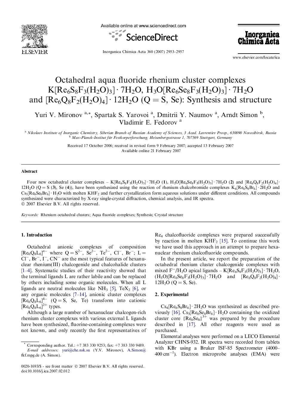Octahedral aqua fluoride rhenium cluster complexes K[Re6S8F3(H2O)3] · 7H2O, H3O[Re6Se8F3(H2O)3] · 7H2O and [Re6Q8F2(H2O)4] · 12H2O (Q = S, Se): Synthesis and structure