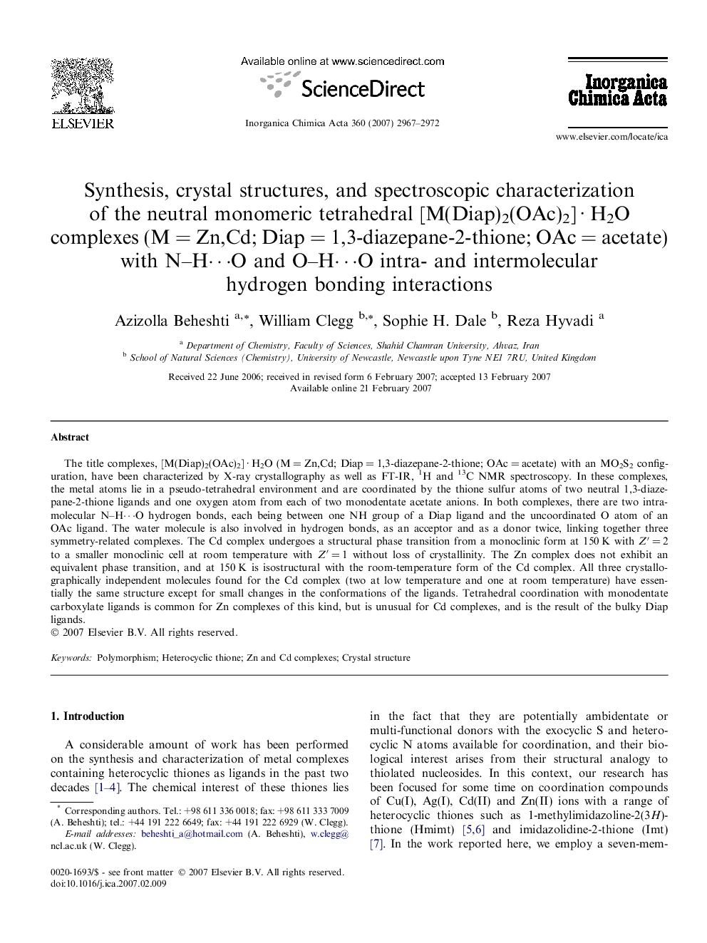 Synthesis, crystal structures, and spectroscopic characterization of the neutral monomeric tetrahedral [M(Diap)2(OAc)2] · H2O complexes (M = Zn,Cd; Diap = 1,3-diazepane-2-thione; OAc = acetate) with N–H⋯O and O–H⋯O intra- and intermolecular hydrogen bondi