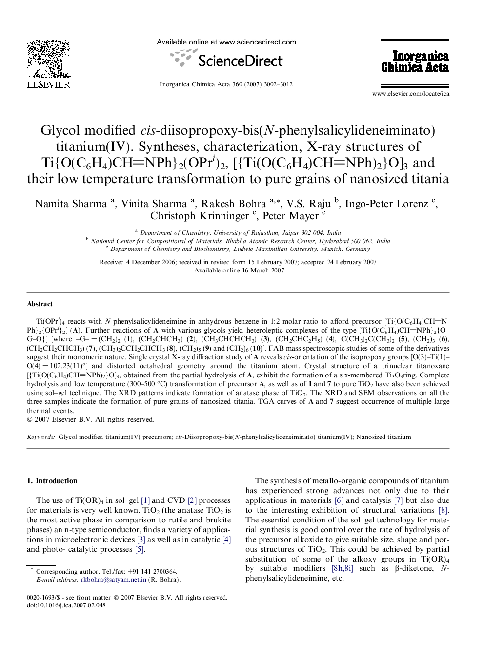 Glycol modified cis-diisopropoxy-bis(N-phenylsalicylideneiminato) titanium(IV). Syntheses, characterization, X-ray structures of Ti{O(C6H4)CHNPh}2(OPri)2, [{Ti(O(C6H4)CHNPh)2}O]3 and their low temperature transformation to pure grains of nanosized titania