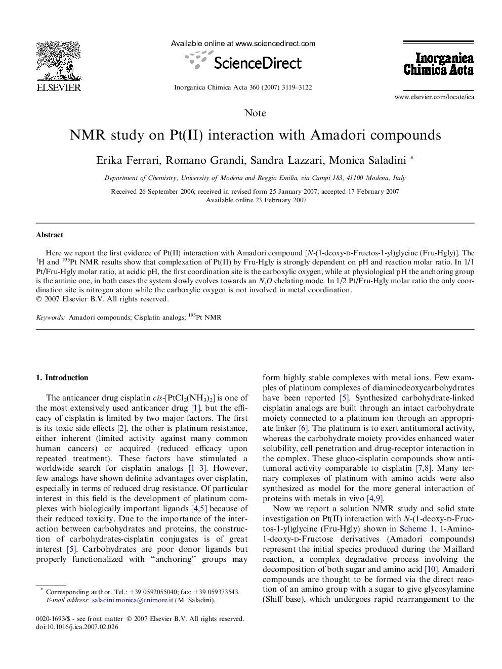 NMR study on Pt(II) interaction with Amadori compounds