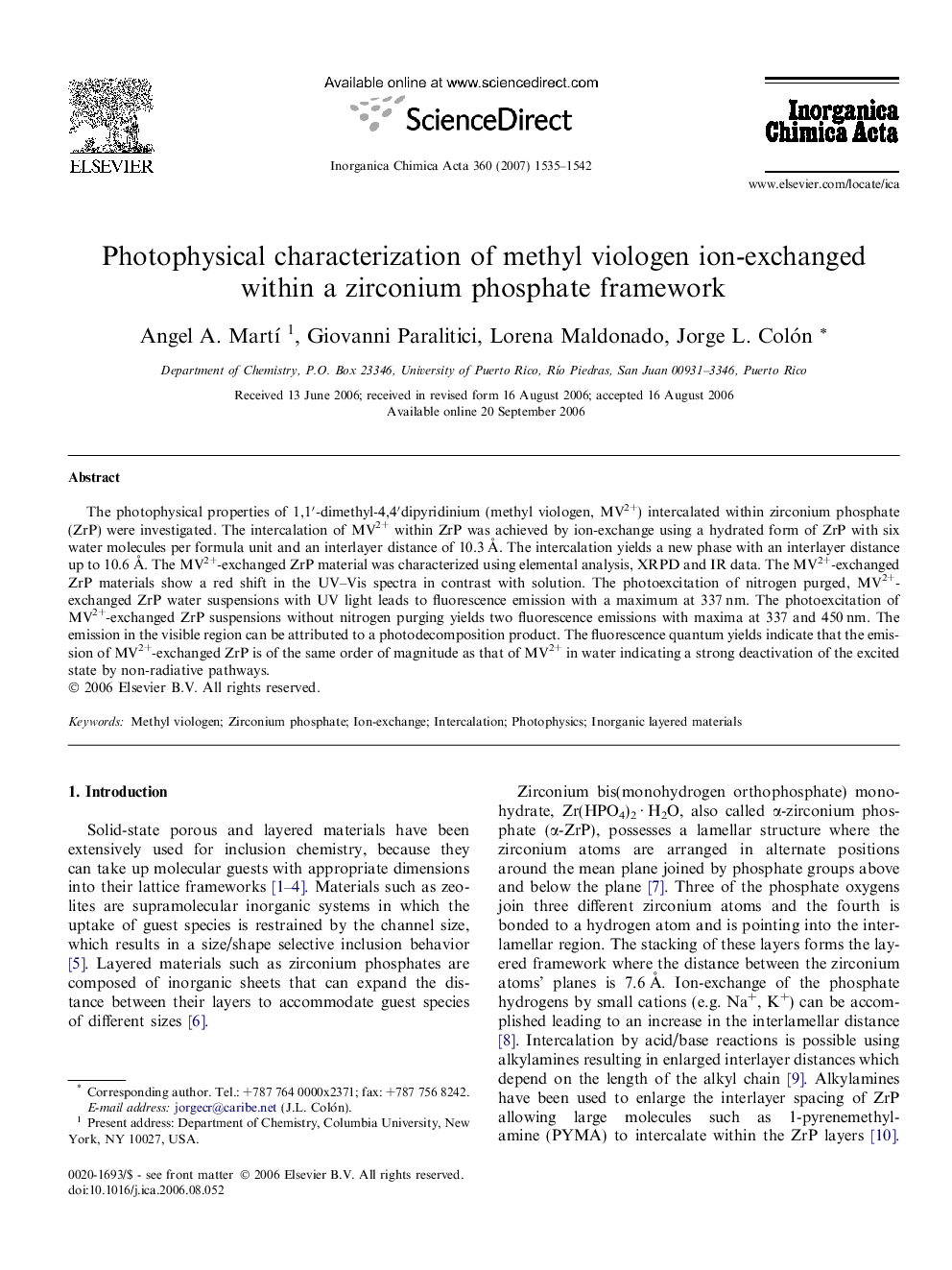 Photophysical characterization of methyl viologen ion-exchanged within a zirconium phosphate framework