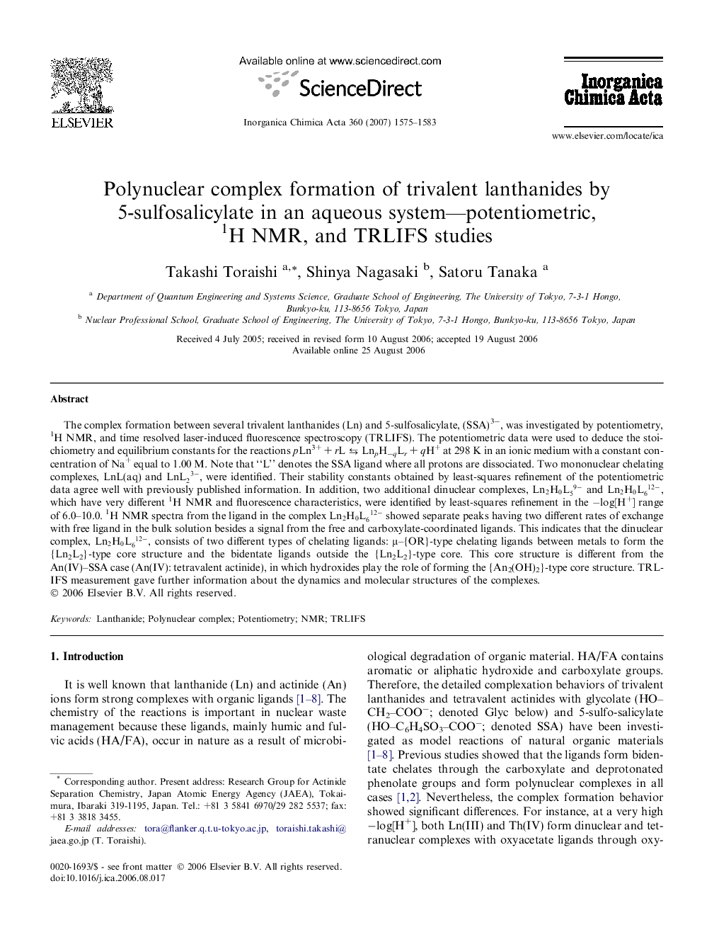 Polynuclear complex formation of trivalent lanthanides by 5-sulfosalicylate in an aqueous system-potentiometric, 1H NMR, and TRLIFS studies