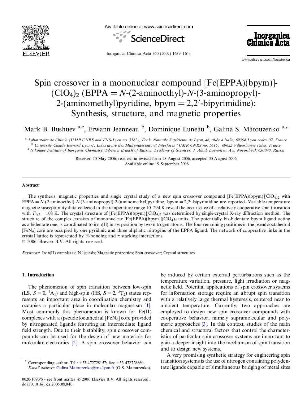 Spin crossover in a mononuclear compound [Fe(EPPA)(bpym)](ClO4)2 (EPPA = N-(2-aminoethyl)-N-(3-aminopropyl)-2-(aminomethyl)pyridine, bpym = 2,2′-bipyrimidine): Synthesis, structure, and magnetic properties