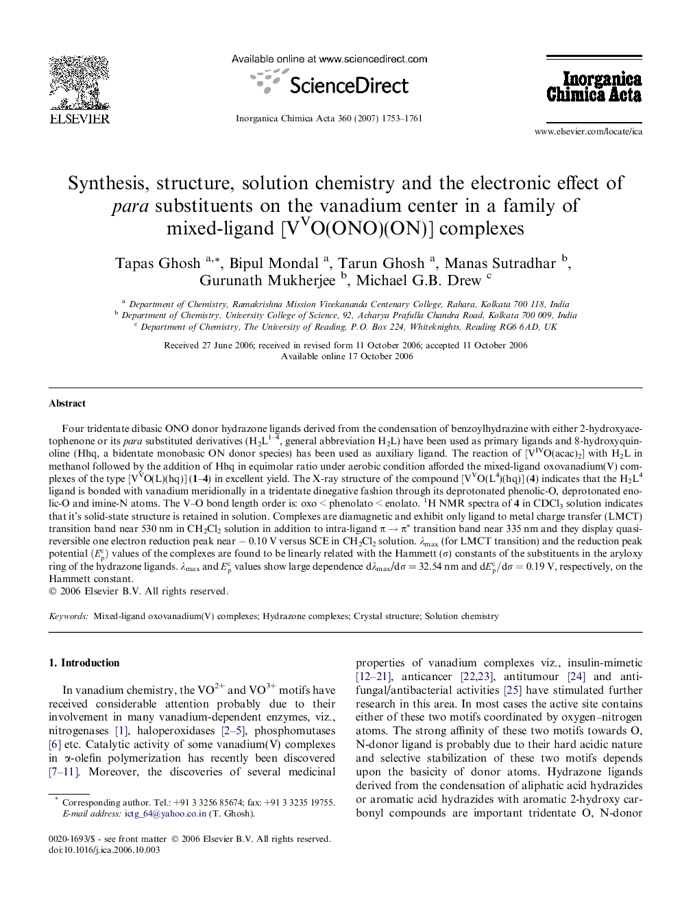 Synthesis, structure, solution chemistry and the electronic effect of para substituents on the vanadium center in a family of mixed-ligand [VVO(ONO)(ON)] complexes