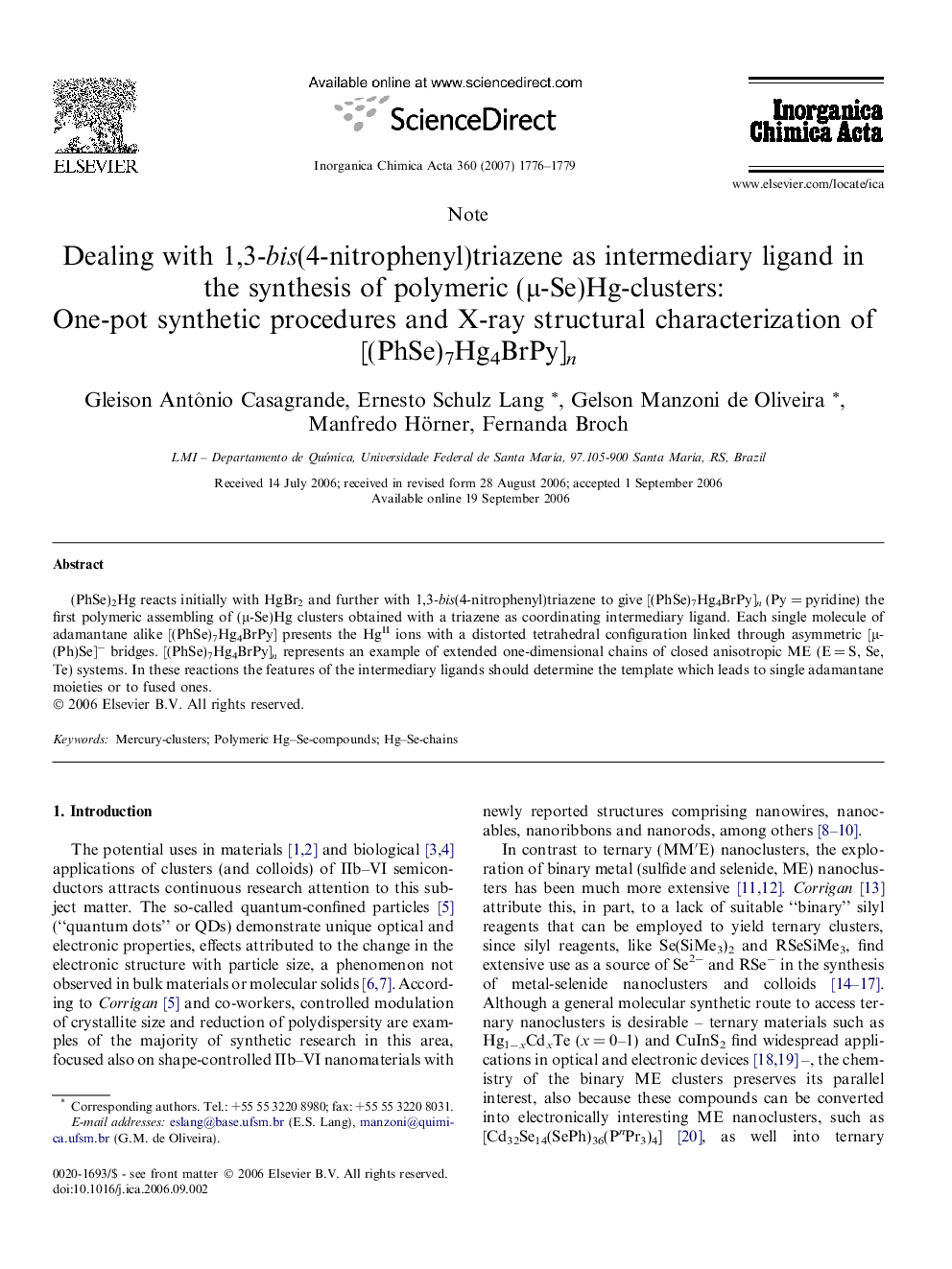 Dealing with 1,3-bis(4-nitrophenyl)triazene as intermediary ligand in the synthesis of polymeric (μ-Se)Hg-clusters: One-pot synthetic procedures and X-ray structural characterization of [(PhSe)7Hg4BrPy]n