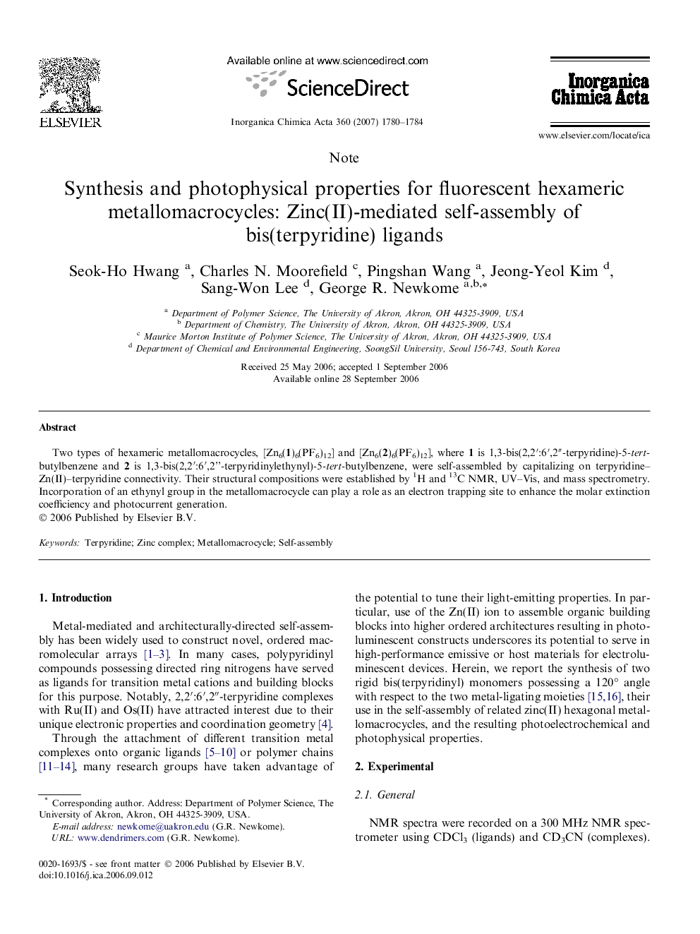 Synthesis and photophysical properties for fluorescent hexameric metallomacrocycles: Zinc(II)-mediated self-assembly of bis(terpyridine) ligands