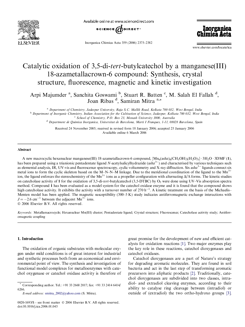 Catalytic oxidation of 3,5-di-tert-butylcatechol by a manganese(III) 18-azametallacrown-6 compound: Synthesis, crystal structure, fluorescence, magnetic and kinetic investigation