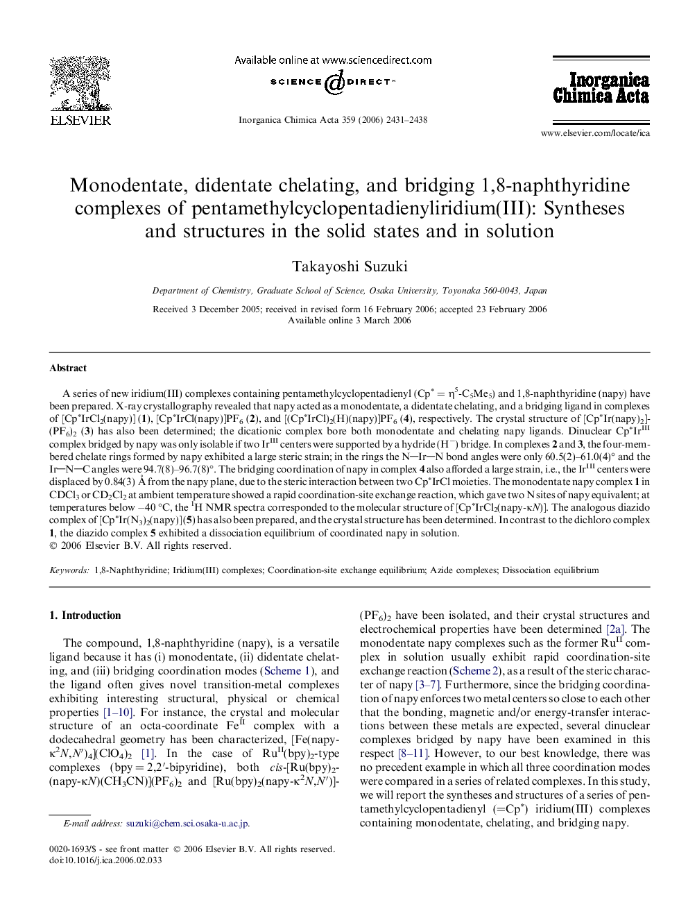 Monodentate, didentate chelating, and bridging 1,8-naphthyridine complexes of pentamethylcyclopentadienyliridium(III): Syntheses and structures in the solid states and in solution