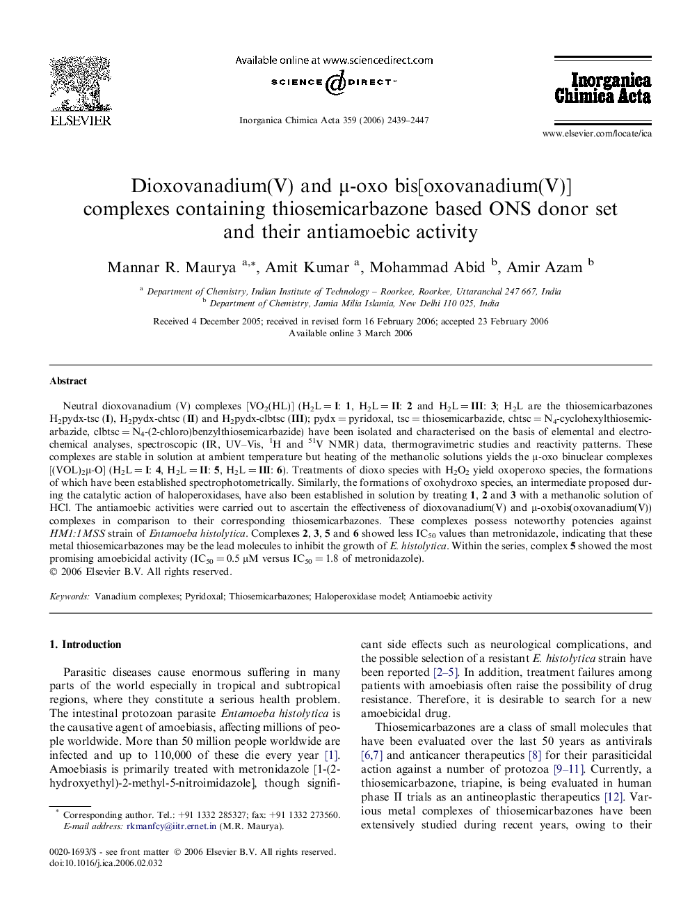 Dioxovanadium(V) and μ-oxo bis[oxovanadium(V)] complexes containing thiosemicarbazone based ONS donor set and their antiamoebic activity