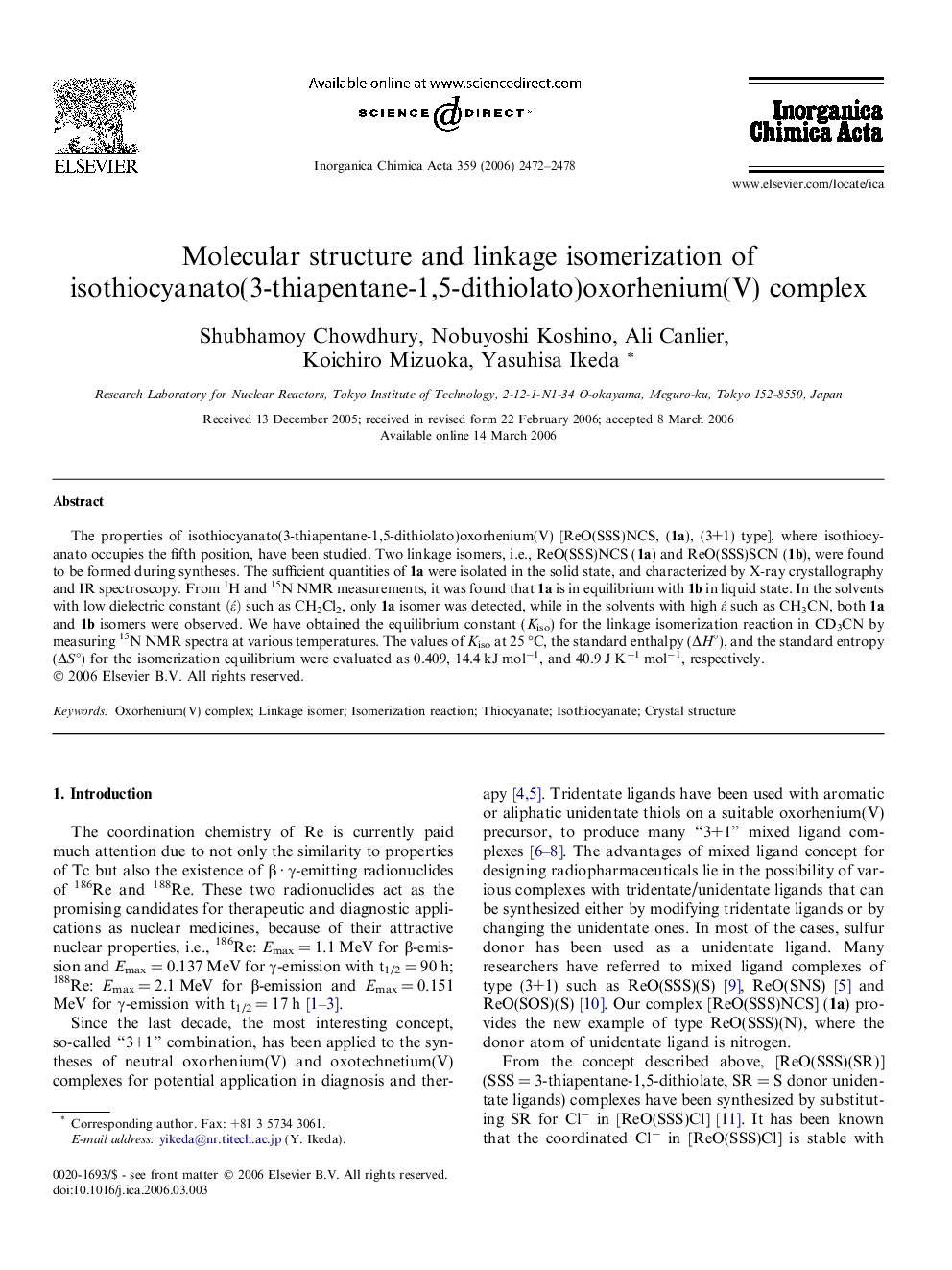 Molecular structure and linkage isomerization of isothiocyanato(3-thiapentane-1,5-dithiolato)oxorhenium(V) complex