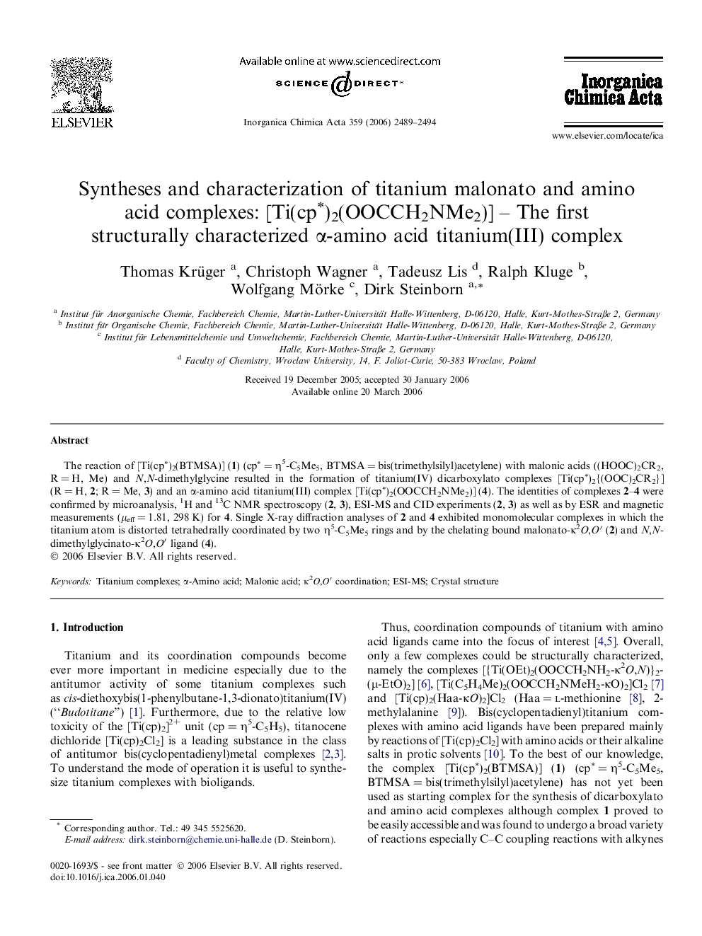 Syntheses and characterization of titanium malonato and amino acid complexes: [Ti(cp∗)2(OOCCH2NMe2)] – The first structurally characterized α-amino acid titanium(III) complex