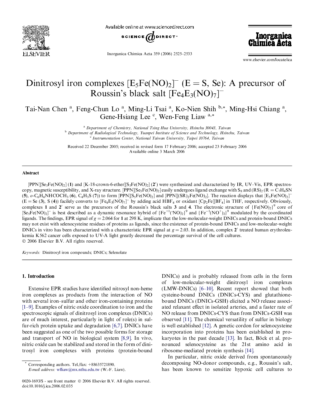 Dinitrosyl iron complexes [E5Fe(NO)2]â (EÂ =Â S, Se): A precursor of Roussin's black salt [Fe4E3(NO)7]â