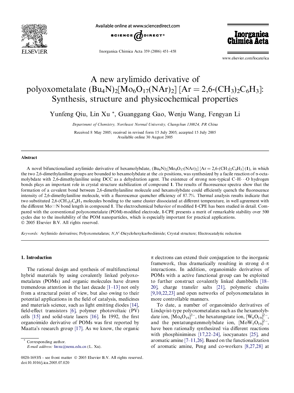 A new arylimido derivative of polyoxometalate (Bu4N)2[Mo6O17(NAr)2] [Ar = 2,6-(CH3)2C6H3]: Synthesis, structure and physicochemical properties