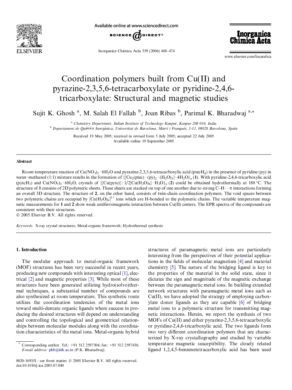 Coordination polymers built from Cu(II) and pyrazine-2,3,5,6-tetracarboxylate or pyridine-2,4,6-tricarboxylate: Structural and magnetic studies