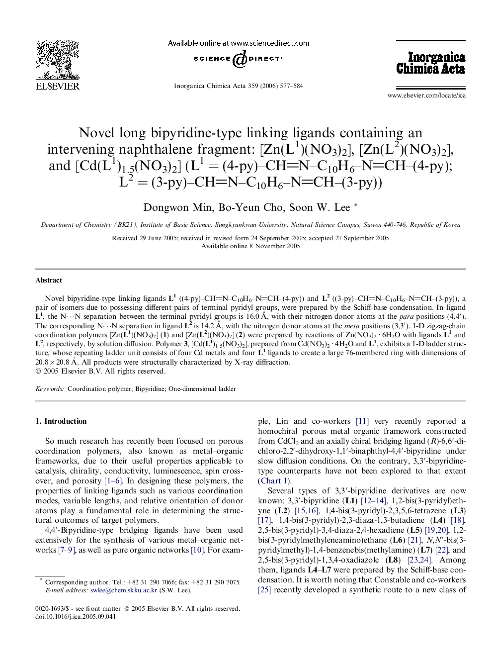 Novel long bipyridine-type linking ligands containing an intervening naphthalene fragment: [Zn(L1)(NO3)2], [Zn(L2)(NO3)2], and [Cd(L1)1.5(NO3)2] (L1 = (4-py)–CHN–C10H6–NCH–(4-py); L2 = (3-py)–CHN–C10H6–NCH–(3-py))