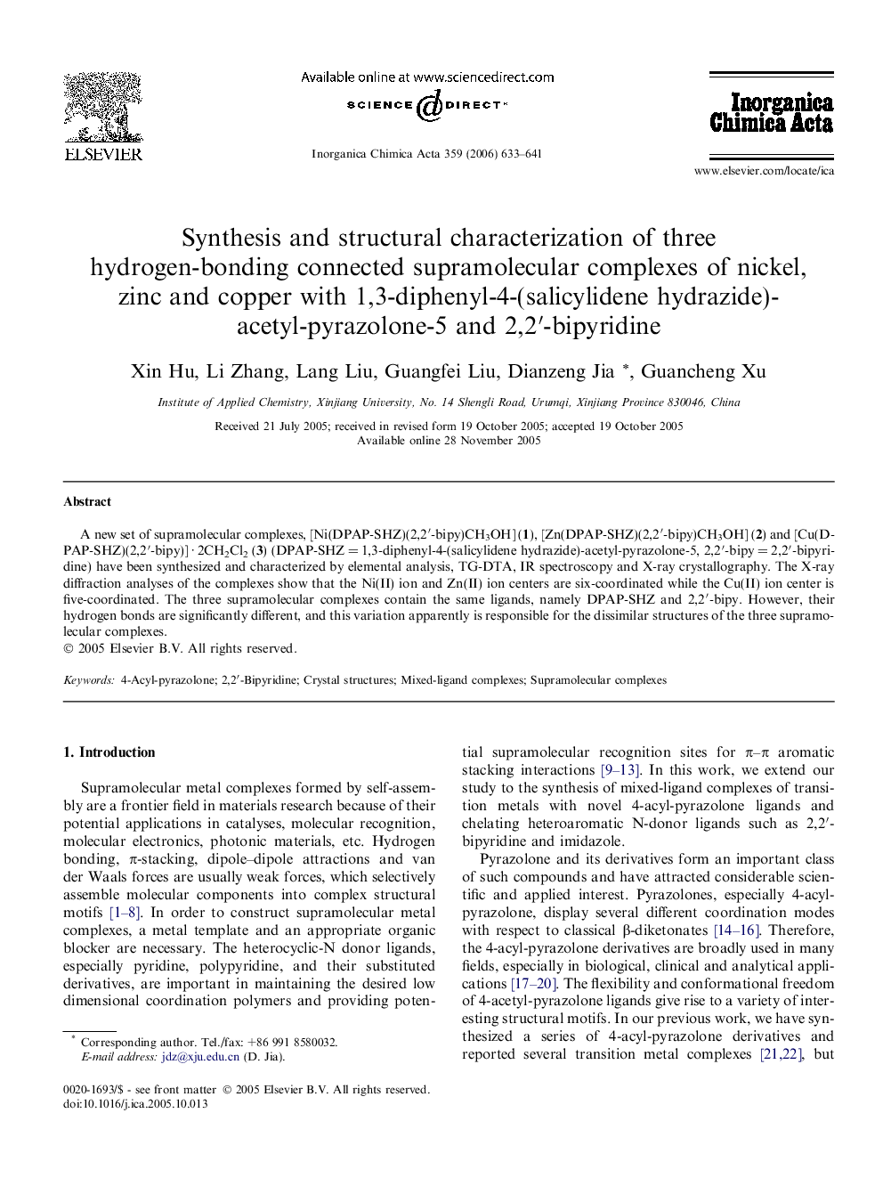 Synthesis and structural characterization of three hydrogen-bonding connected supramolecular complexes of nickel, zinc and copper with 1,3-diphenyl-4-(salicylidene hydrazide)-acetyl-pyrazolone-5 and 2,2â²-bipyridine