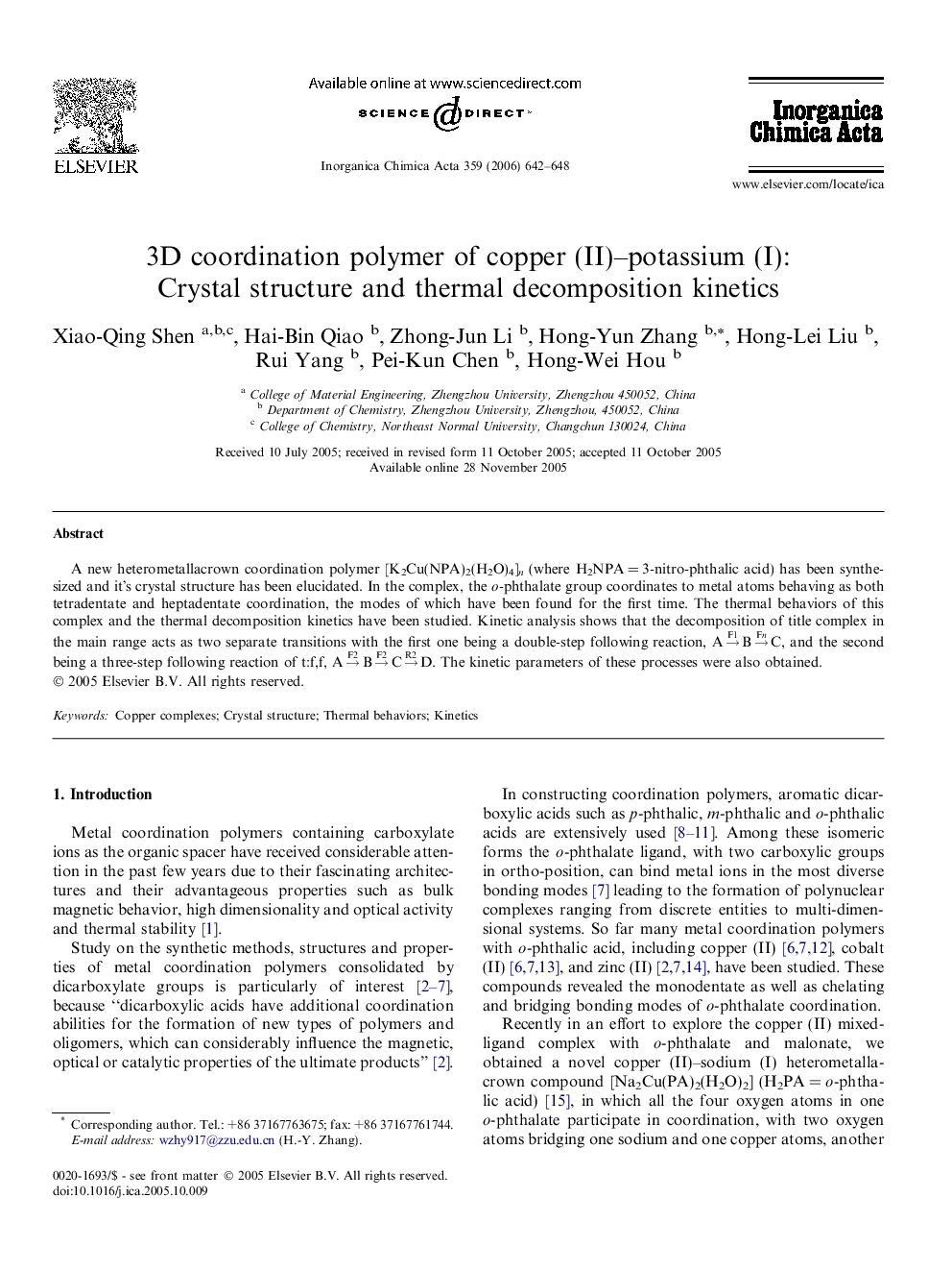 3D coordination polymer of copper (II)-potassium (I): Crystal structure and thermal decomposition kinetics