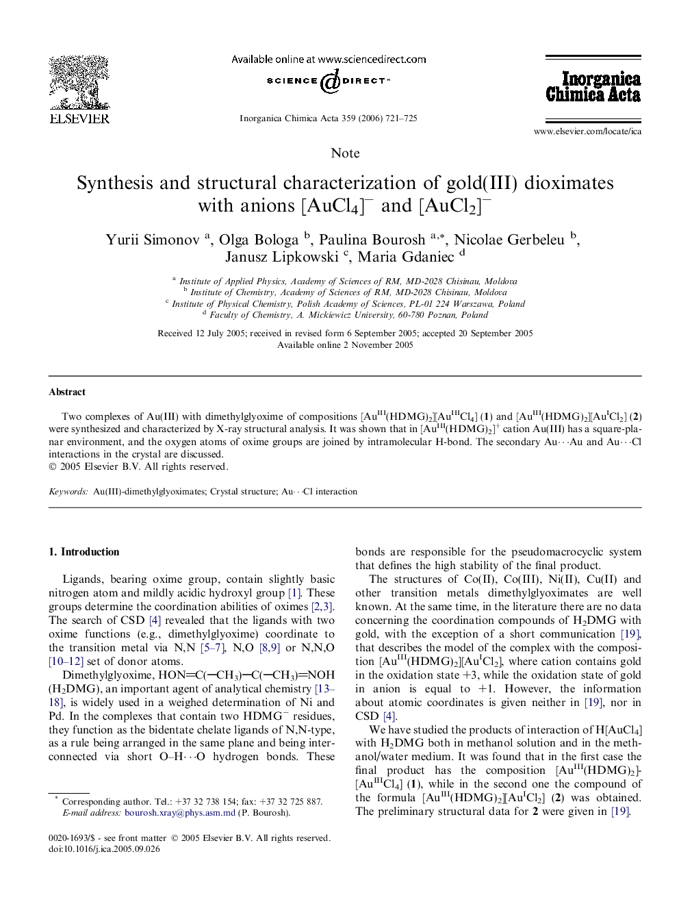 Synthesis and structural characterization of gold(III) dioximates with anions [AuCl4]− and [AuCl2]−
