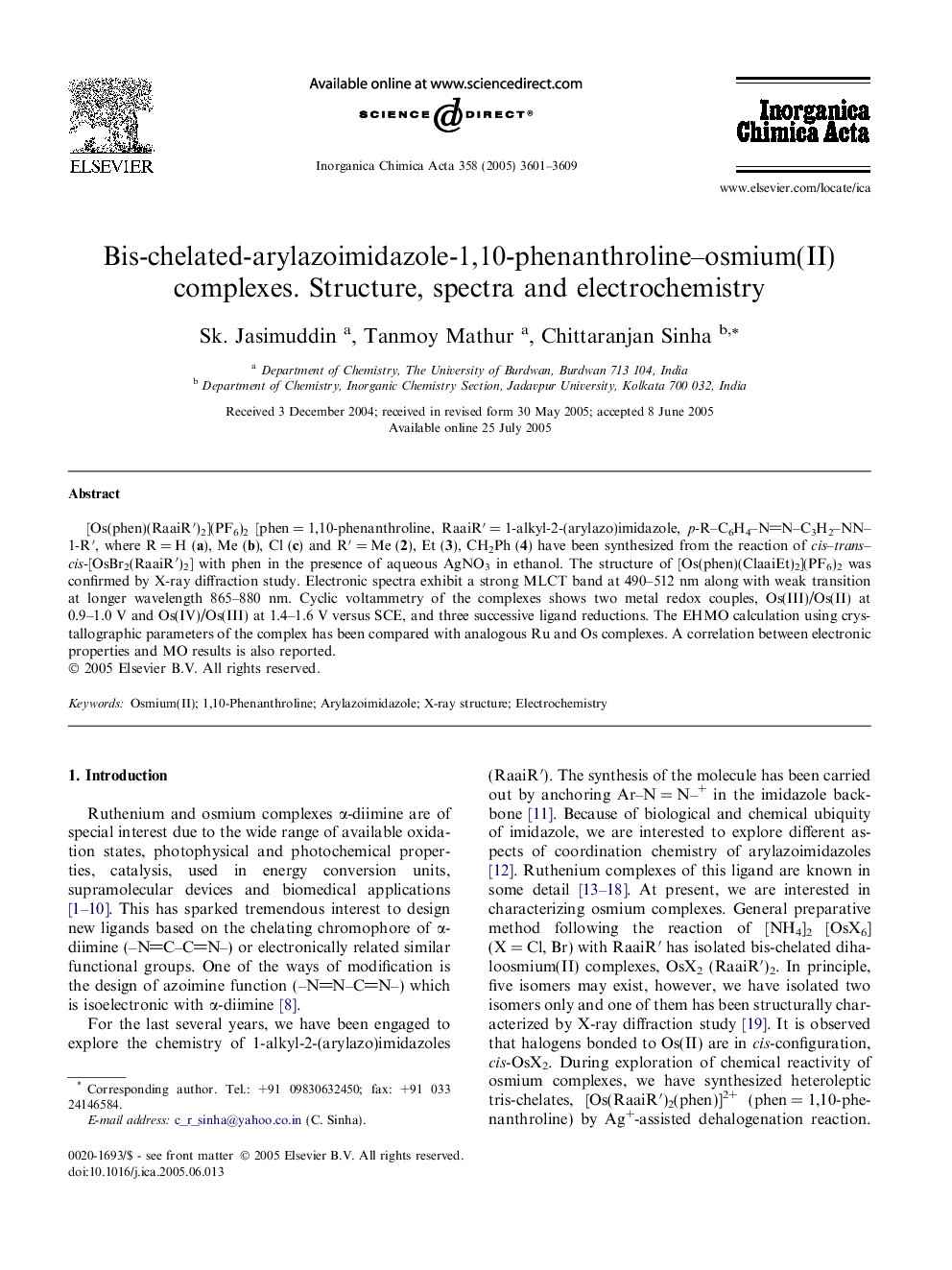 Bis-chelated-arylazoimidazole-1,10-phenanthroline-osmium(II) complexes. Structure, spectra and electrochemistry