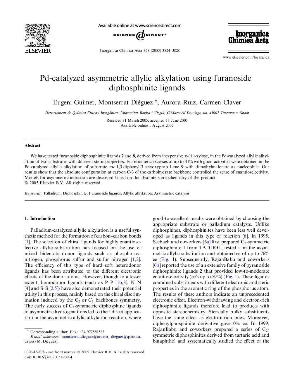 Pd-catalyzed asymmetric allylic alkylation using furanoside diphosphinite ligands