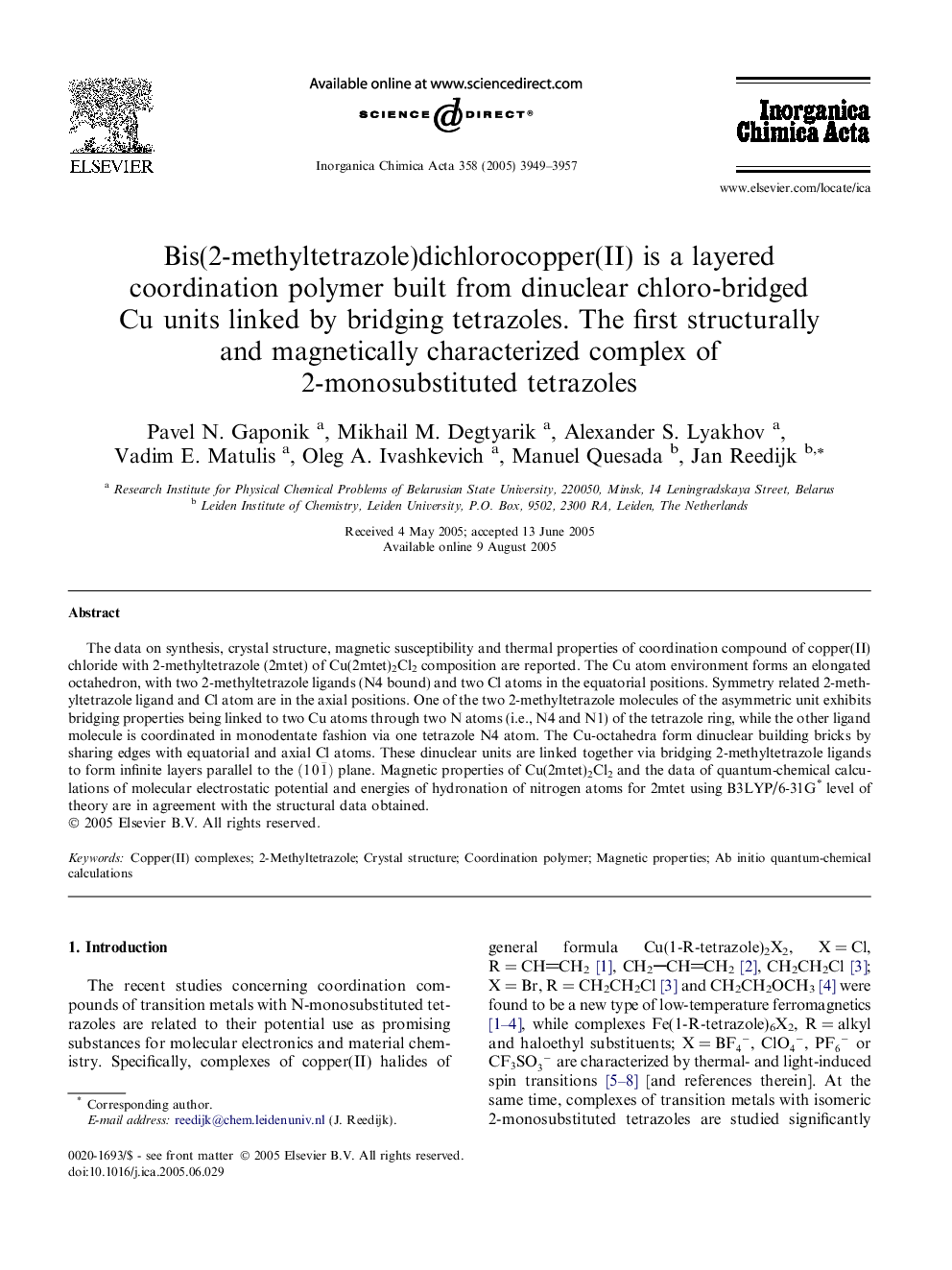 Bis(2-methyltetrazole)dichlorocopper(II) is a layered coordination polymer built from dinuclear chloro-bridged Cu units linked by bridging tetrazoles. The first structurally and magnetically characterized complex of 2-monosubstituted tetrazoles