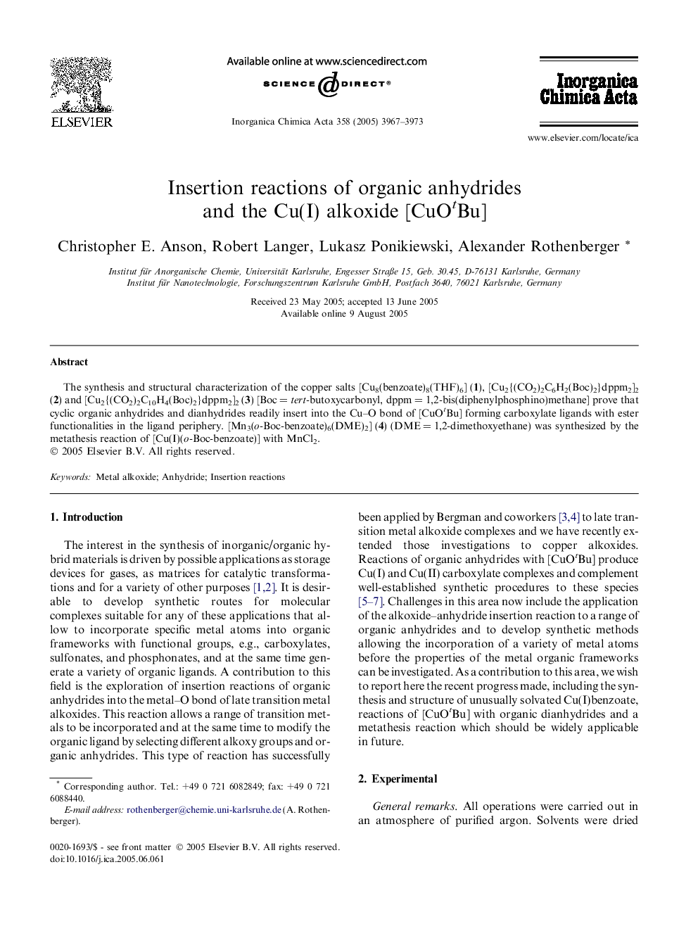 Insertion reactions of organic anhydrides and the Cu(I) alkoxide [CuOtBu]