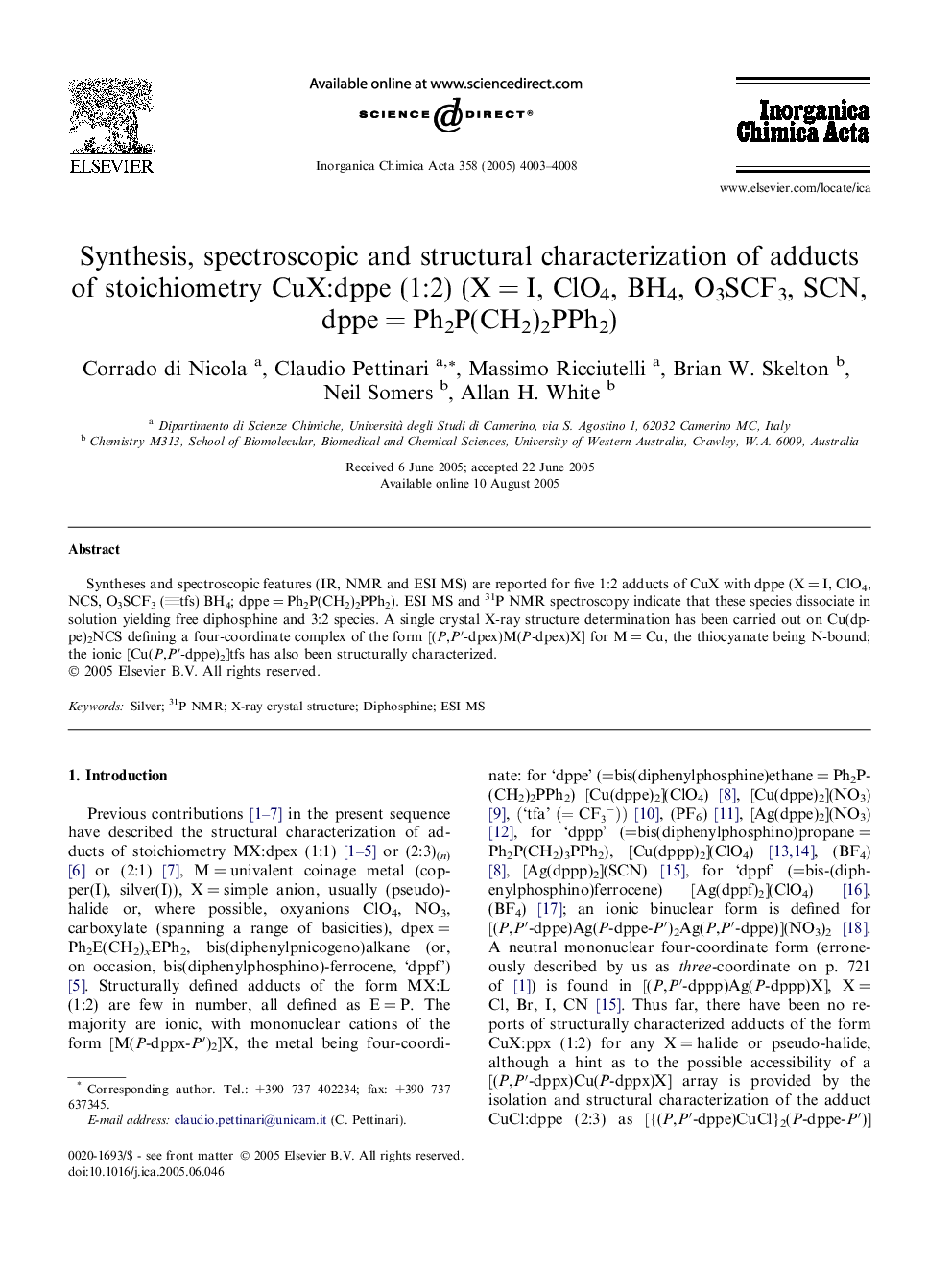 Synthesis, spectroscopic and structural characterization of adducts of stoichiometry CuX:dppe (1:2) (X = I, ClO4, BH4, O3SCF3, SCN, dppe = Ph2P(CH2)2PPh2)