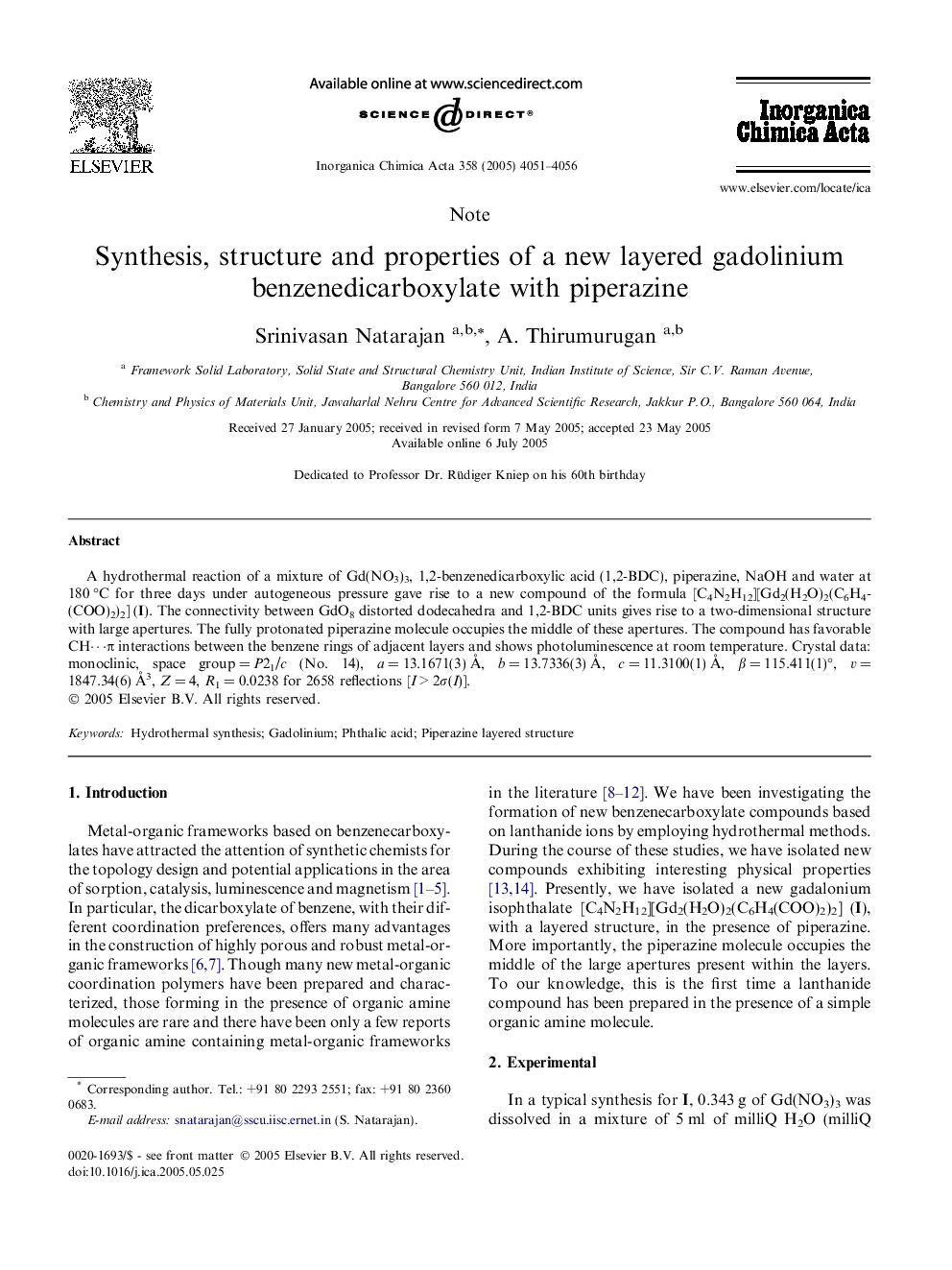 Synthesis, structure and properties of a new layered gadolinium benzenedicarboxylate with piperazine