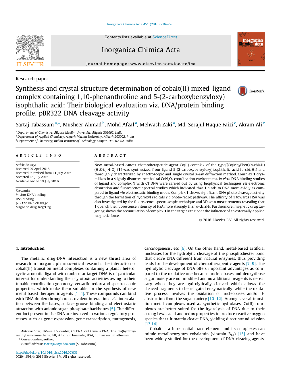 Synthesis and crystal structure determination of cobalt(II) mixed-ligand complex containing 1,10-phenanthroline and 5-(2-carboxybenzyloxy)isophthalic acid: Their biological evaluation viz. DNA/protein binding profile, pBR322 DNA cleavage activity