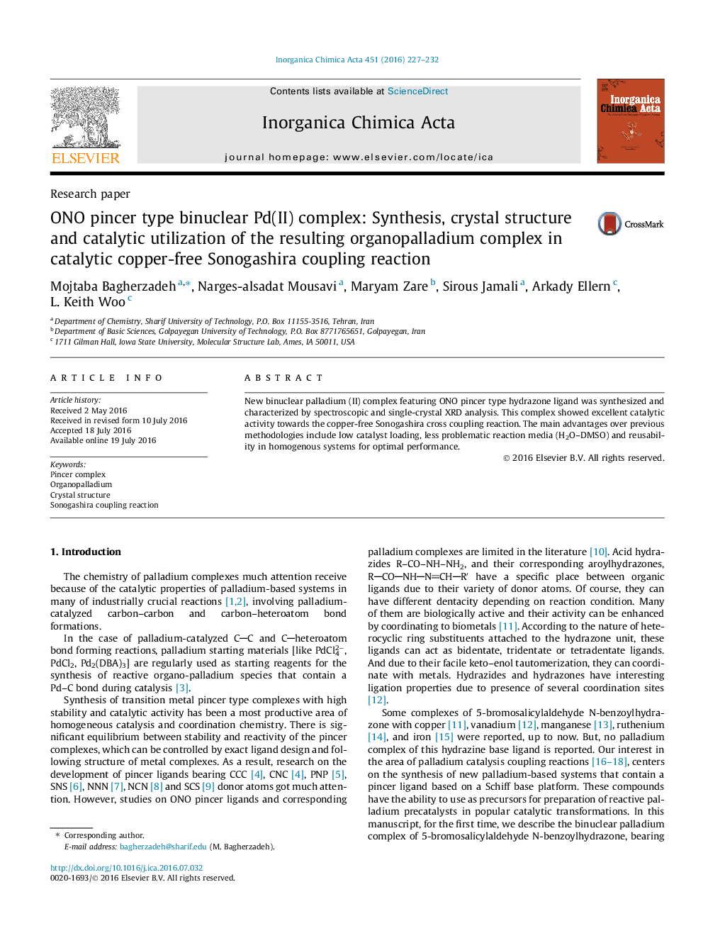 ONO pincer type binuclear Pd(II) complex: Synthesis, crystal structure and catalytic utilization of the resulting organopalladium complex in catalytic copper-free Sonogashira coupling reaction