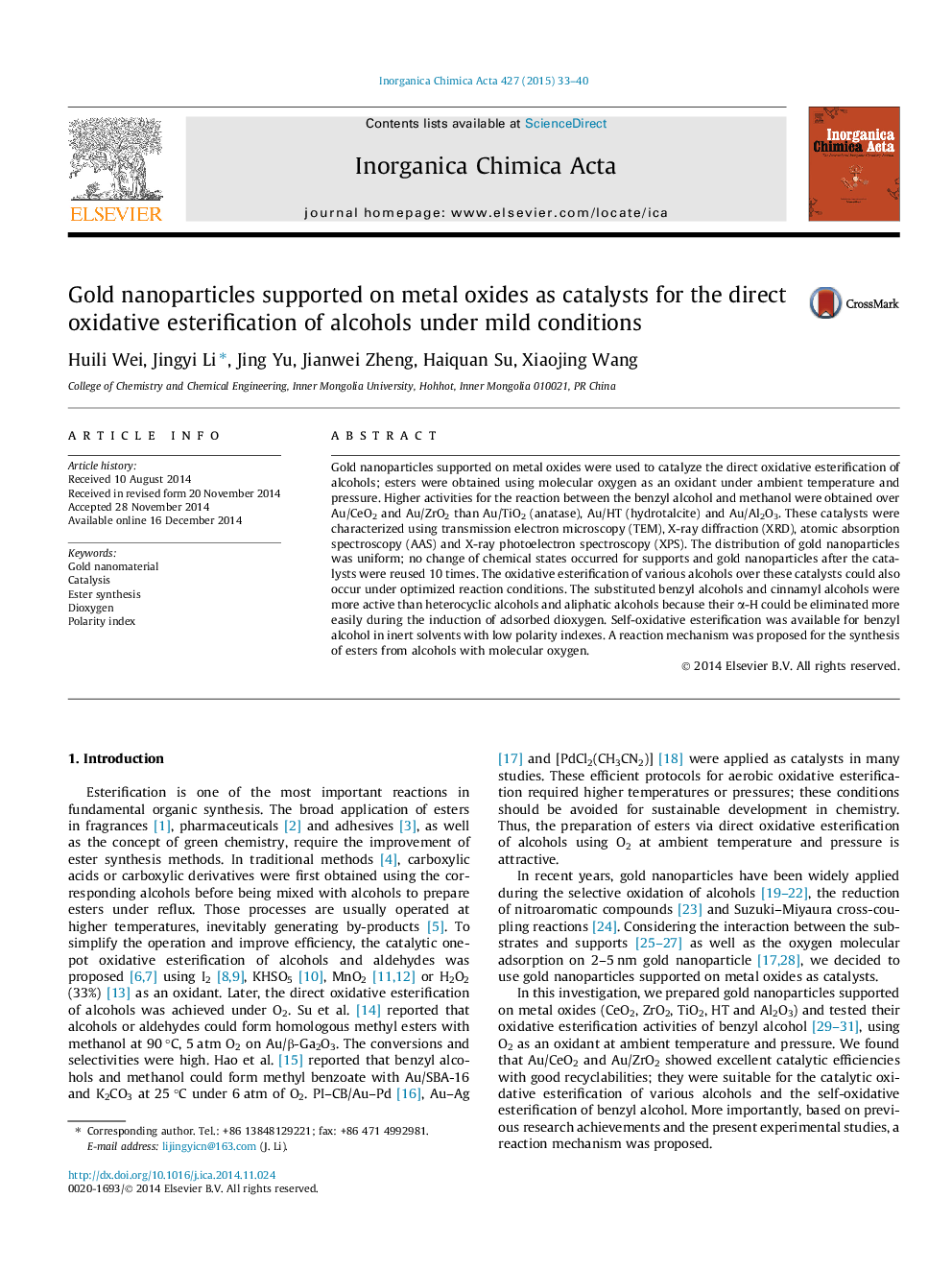 Gold nanoparticles supported on metal oxides as catalysts for the direct oxidative esterification of alcohols under mild conditions