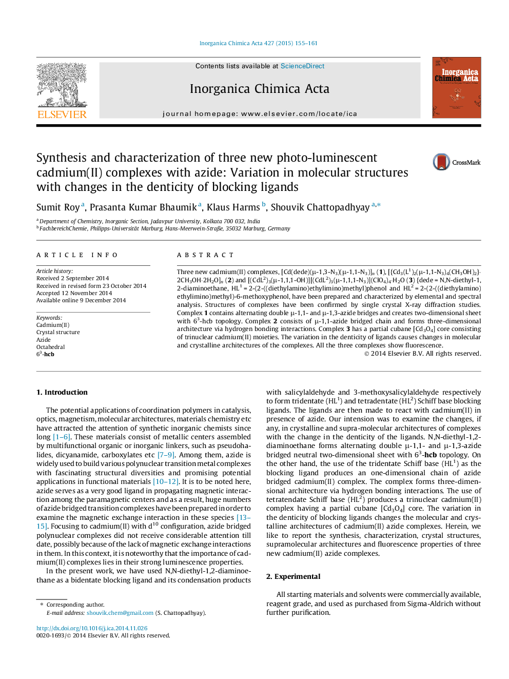 Synthesis and characterization of three new photo-luminescent cadmium(II) complexes with azide: Variation in molecular structures with changes in the denticity of blocking ligands