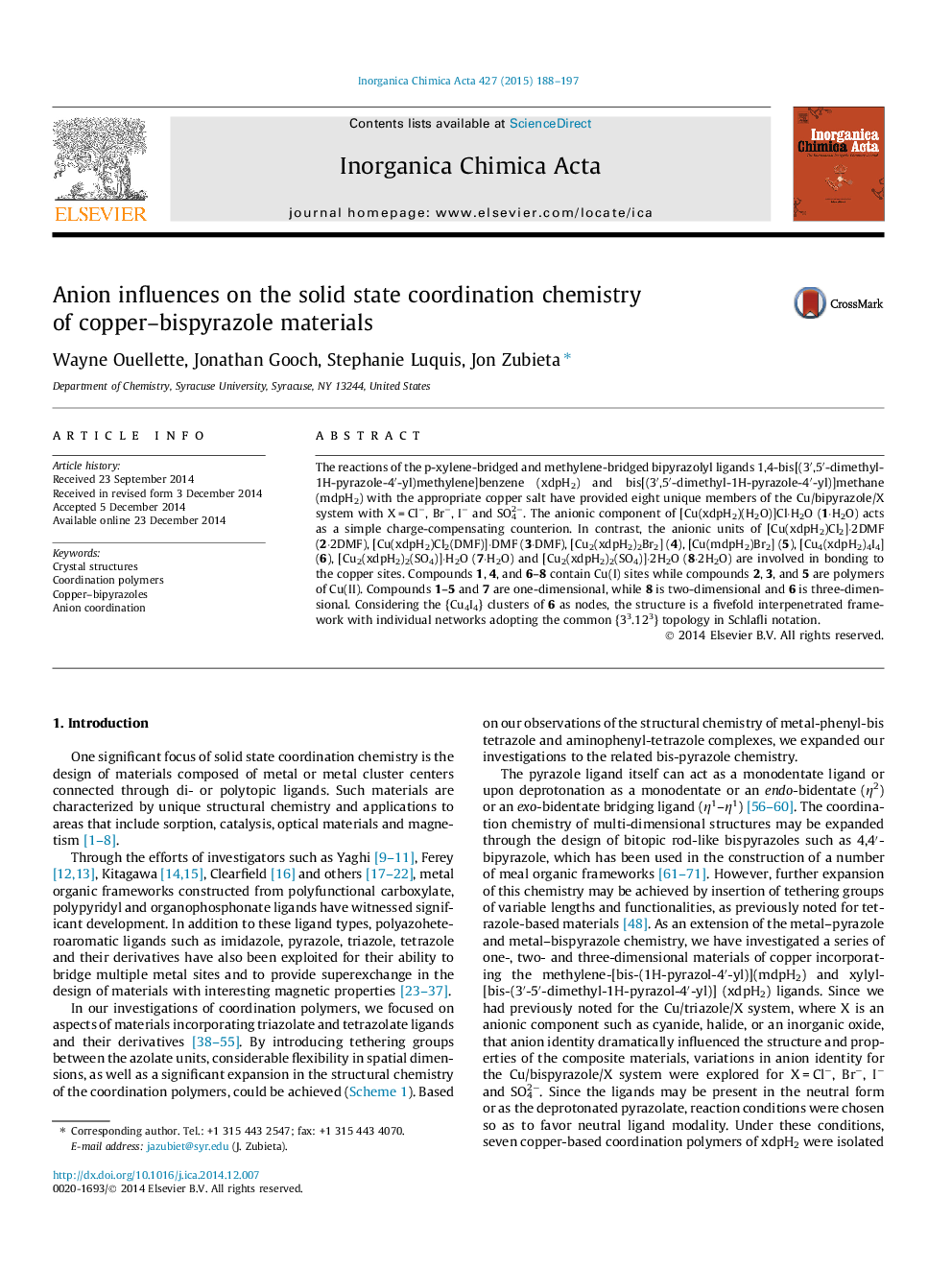 Anion influences on the solid state coordination chemistry of copper–bispyrazole materials