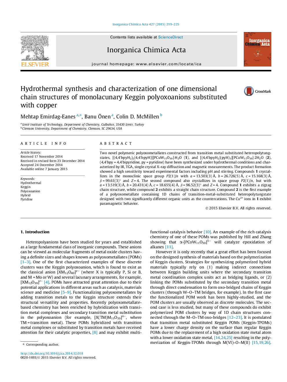 Hydrothermal synthesis and characterization of one dimensional chain structures of monolacunary Keggin polyoxoanions substituted with copper