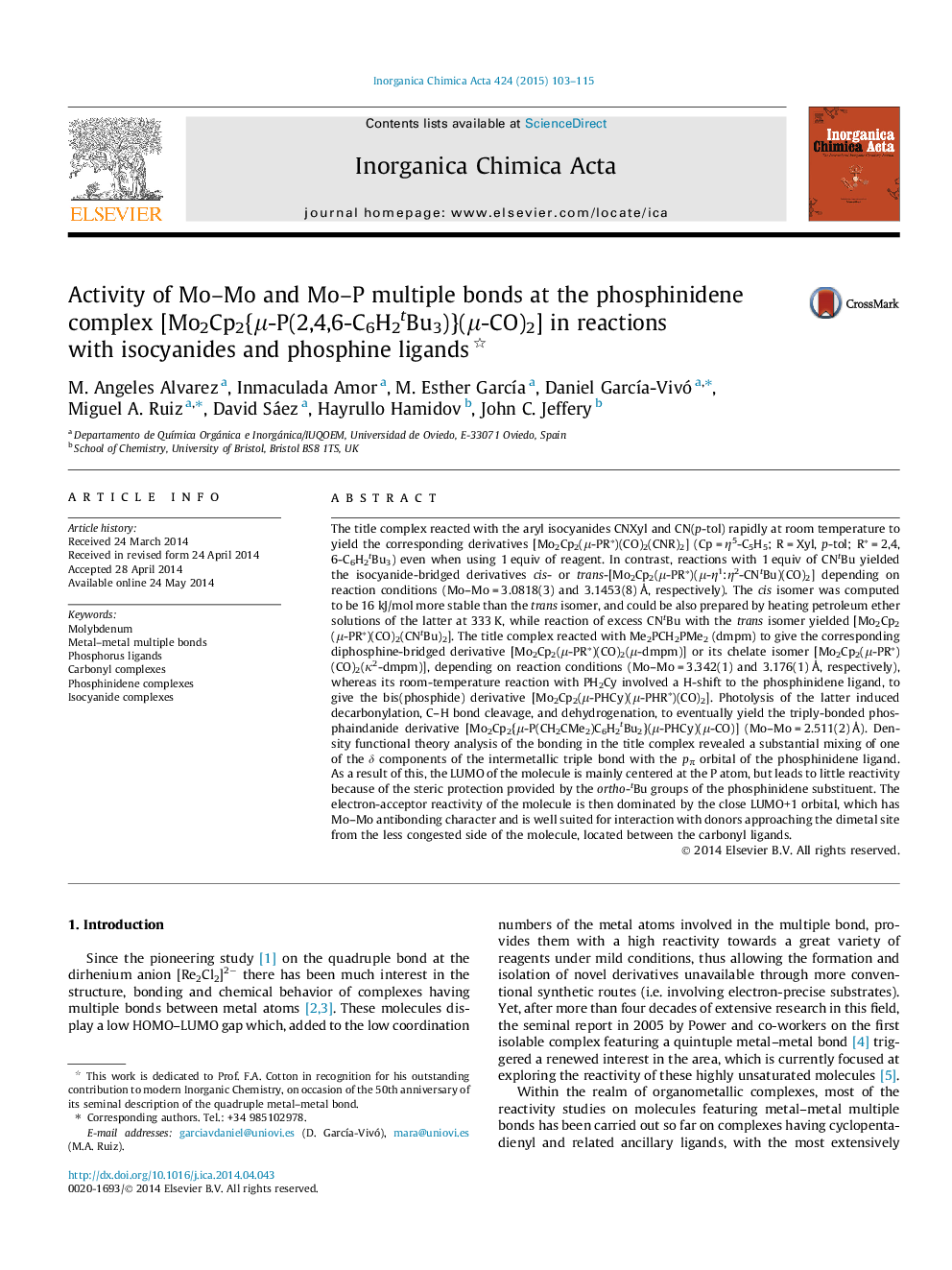 Activity of Mo–Mo and Mo–P multiple bonds at the phosphinidene complex [Mo2Cp2{μ-P(2,4,6-C6H2tBu3)}(μ-CO)2] in reactions with isocyanides and phosphine ligands 