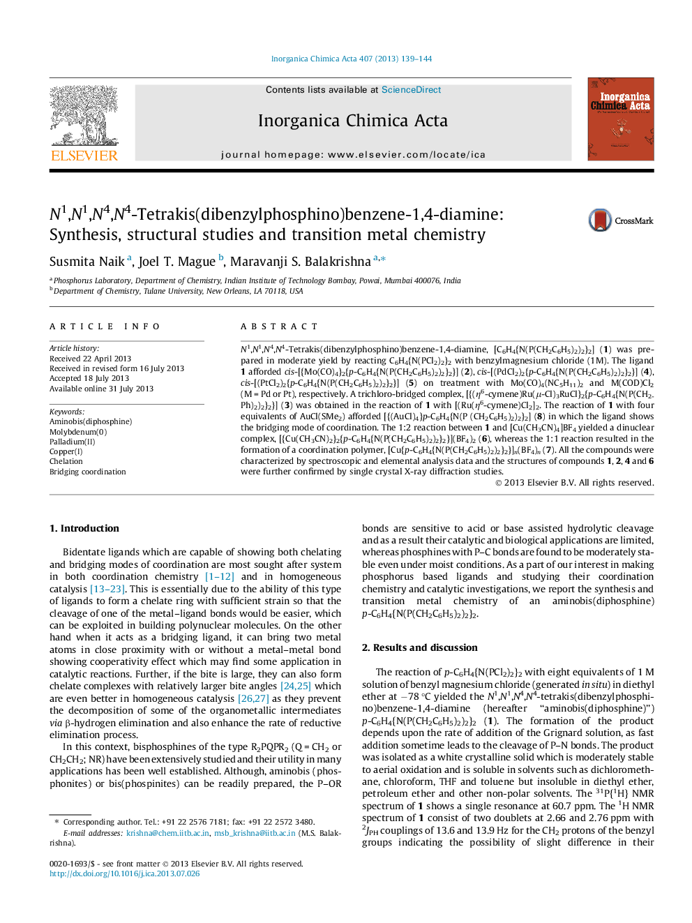 N1,N1,N4,N4-Tetrakis(dibenzylphosphino)benzene-1,4-diamine: Synthesis, structural studies and transition metal chemistry