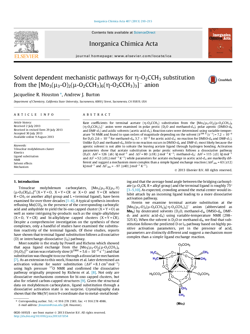 Solvent dependent mechanistic pathways for Î·-O2CCH3 substitution from the [Mo3(Î¼3-O)2(Î¼-O2CCH3)6(Î·-O2CCH3)3]â anion