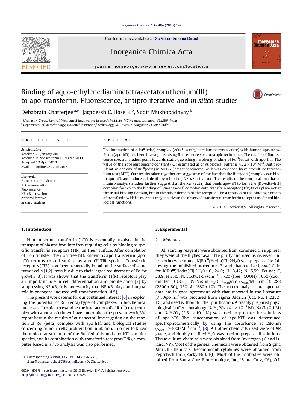 Binding of aquo-ethylenediaminetetraacetatoruthenium(III) to apo-transferrin. Fluorescence, antiproliferative and in silico studies